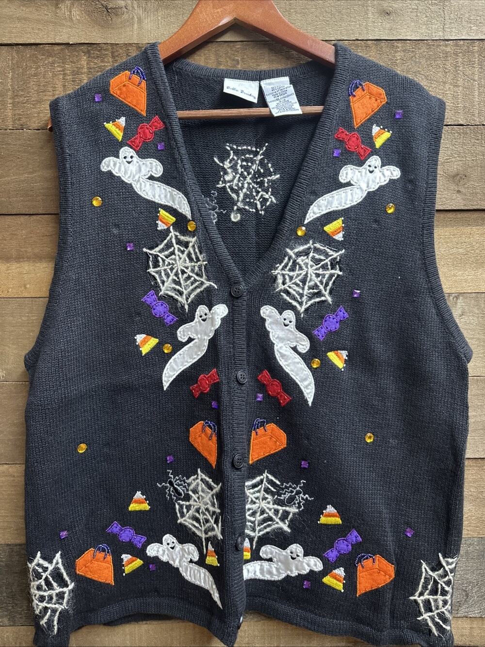 Bobbie Brooks Ghosts Knitted Embellished Halloween Sweater Vest Size XL